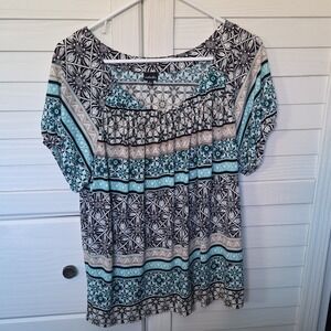 Rafaella Geometric Pleated Scoop Neck Short Sleeve Colorful Blouse L